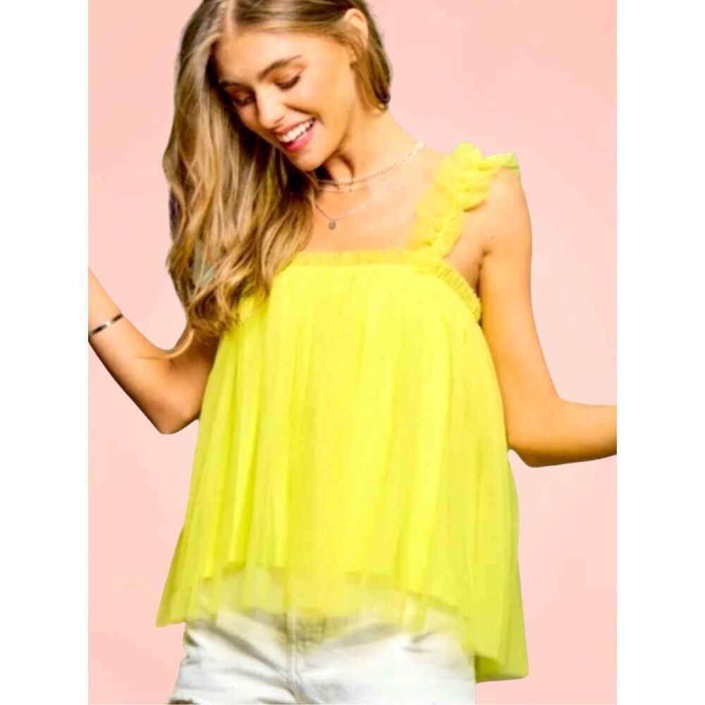 Lemon Yellow Tulle Babydoll Tank Ruffle Strap Mesh Cami Top Davi & Dani NWT